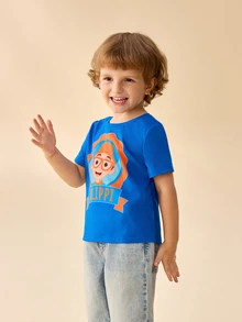 Blippi X SHEIN تي شيرت مطبوع بياقة دائرية وأكمام قصيرة للأولاد الصغار - الأزرق - مشاهدة 5