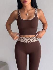SHEIN Dewbera Tank Top Yoga Olahraga Tanpa Jahitan/Trim Motif Leopard Warna Kontras/Modis Seksi/Nyaman - Coffee Brown - View 4