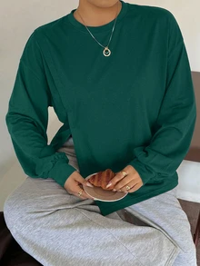 Dazy Plus 白色圓領純色休閒百搭側開衩設計長袖T恤，適合春夏秋季 - 墨綠色 - 查看 3