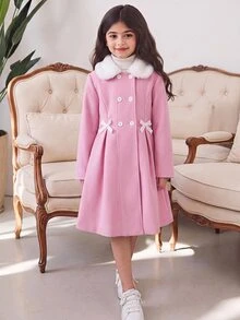 SHEIN Tween Girl灰色長款雙排扣蝴蝶結裝飾大衣，適合假日、夏季、旅行 - 粉色 - 查看 1