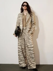 Aveloria Modichic Women's Early Autumn Stand Collar Asymmetrical Gradient Zebra Print Long Sleeve Blazer & Loose Curved Wide Leg Trousers Suit Set - Beige - View 1