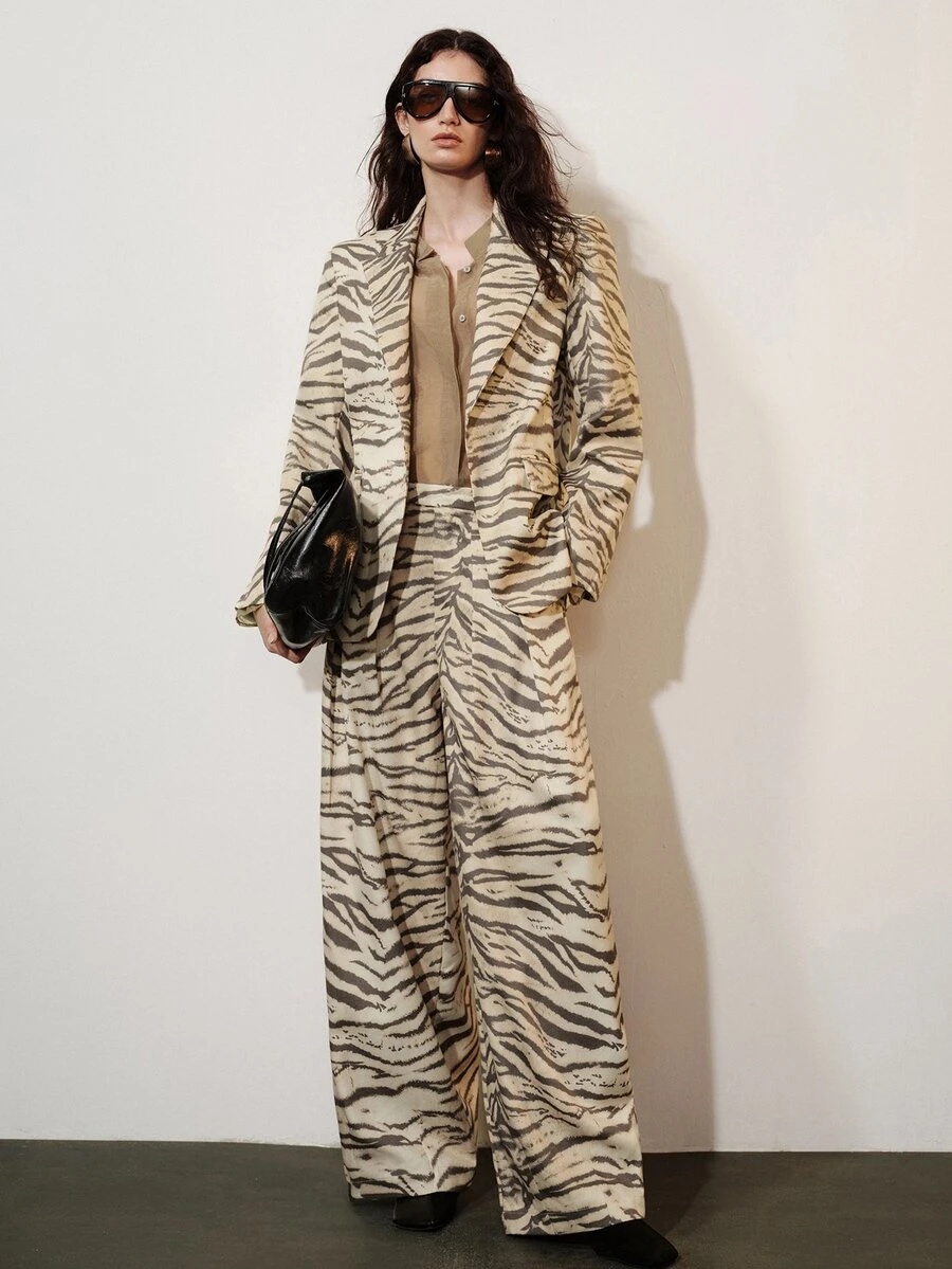 Aveloria Modichic Women's Early Autumn Stand Collar Asymmetrical Gradient Zebra Print Long Sleeve Blazer & Loose Curved Wide Leg Trousers Suit Set - Beige - View 1