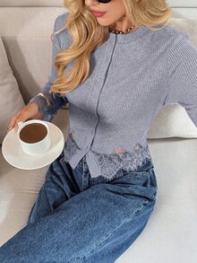 Serisse 女款蕾絲拼接休閒百搭日常穿搭T恤 - 霧霾藍 - 查看 6
