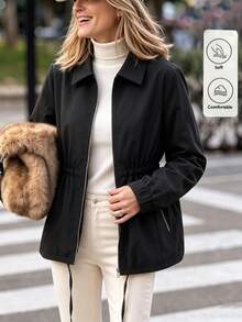 SHEIN LUNE Plus Size Casual Autumn/Winter Long Sleeve Lapel Metal Zipper Pocket Jacket - Black - View 4