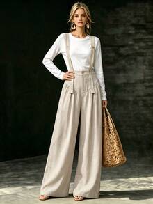 SHEIN بدلة نسائية من الكتان الفني، بنطال واسع الساق، خصر عالي، تصميم مطوي فضفاض مع جيوب، أسلوب مريح وكاجوال - لون مشمشي - مشاهدة 4