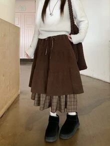 DAZY Women's Waist Tie Patchwork Plaid Ruffle Hem Vintage Skirt - Coffee Brown - View 3