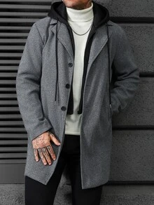 Manfinity CasualCool Men's Long Mature Business Classic Versatile 2 In 1 Colorblock Wool Coat, Open Front Hooded Style With Large Pockets, Autumn/Winter - Dark Grey - View 5
