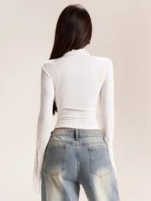 SHEIN BAE Autumn/Winter Solid White Mock Neck Long Sleeve Ribbed Knit Cuff Contrast Lace Women's Top, Practical Base Layer - White - View 2