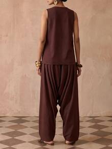 Zivah Women's Solid Color Top And Long Pants Casual Daily Set - Rust Brown - View 9