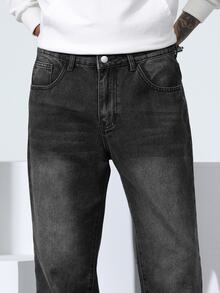 Manfinity Homme Men's Plus Size Vintage Washed Black & Grey Denim Jeans, Versatile Slim Straight Leg Long Pants - Grey - View 5