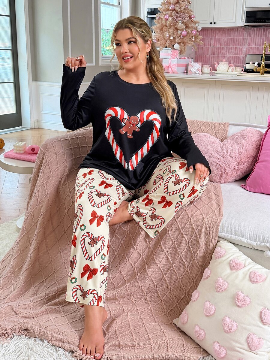 Slumberry CURVE Plus Size Women's Cartoon Print Long Sleeve Top And Pants Casual Daily Home Sleepwear Set - Multicolor - View 1