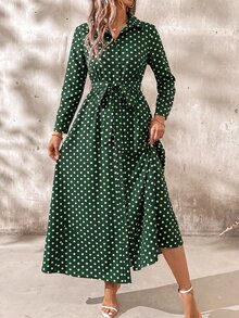 SHEIN Clasi 女款波點長袖休閒襯衫洋裝 - 墨綠色 - 查看 5