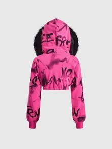 ROMWE Street Life Sweatshirt Crop Top Warna Pink Mawar Gaya Jalanan Hot Girl dengan Cetakan Grafiti Huruf, Kerah Fleece, Panjang Pendek, Set 2 Potong untuk Wanita - Berwarna merah muda - View 4