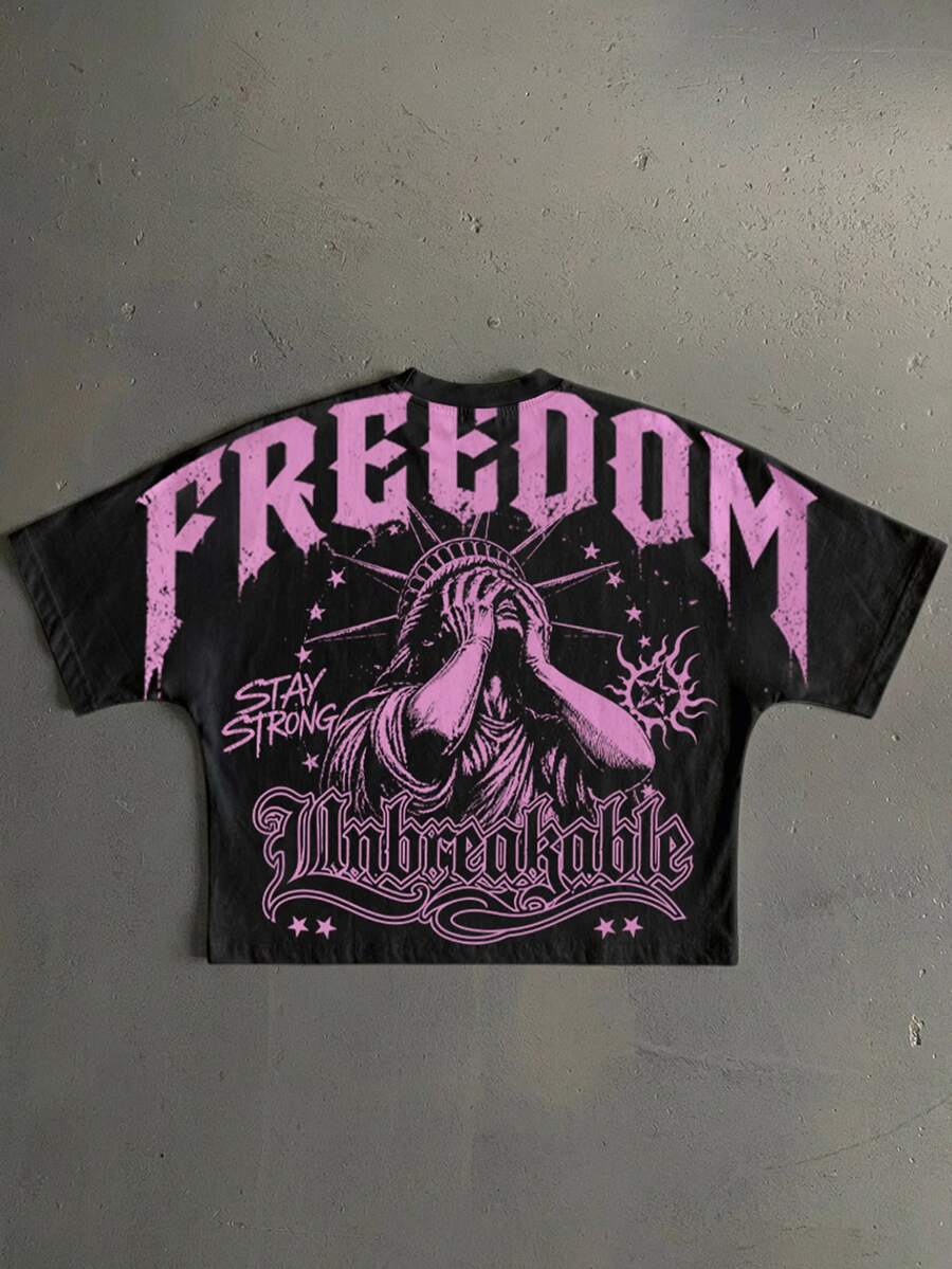 Manfinity ZONE917 美式復古哥德風自由女神遮臉星星 FREEDOM 印花黑色蝙蝠袖短版寬鬆短袖T恤 - 黑色 - 查看 1