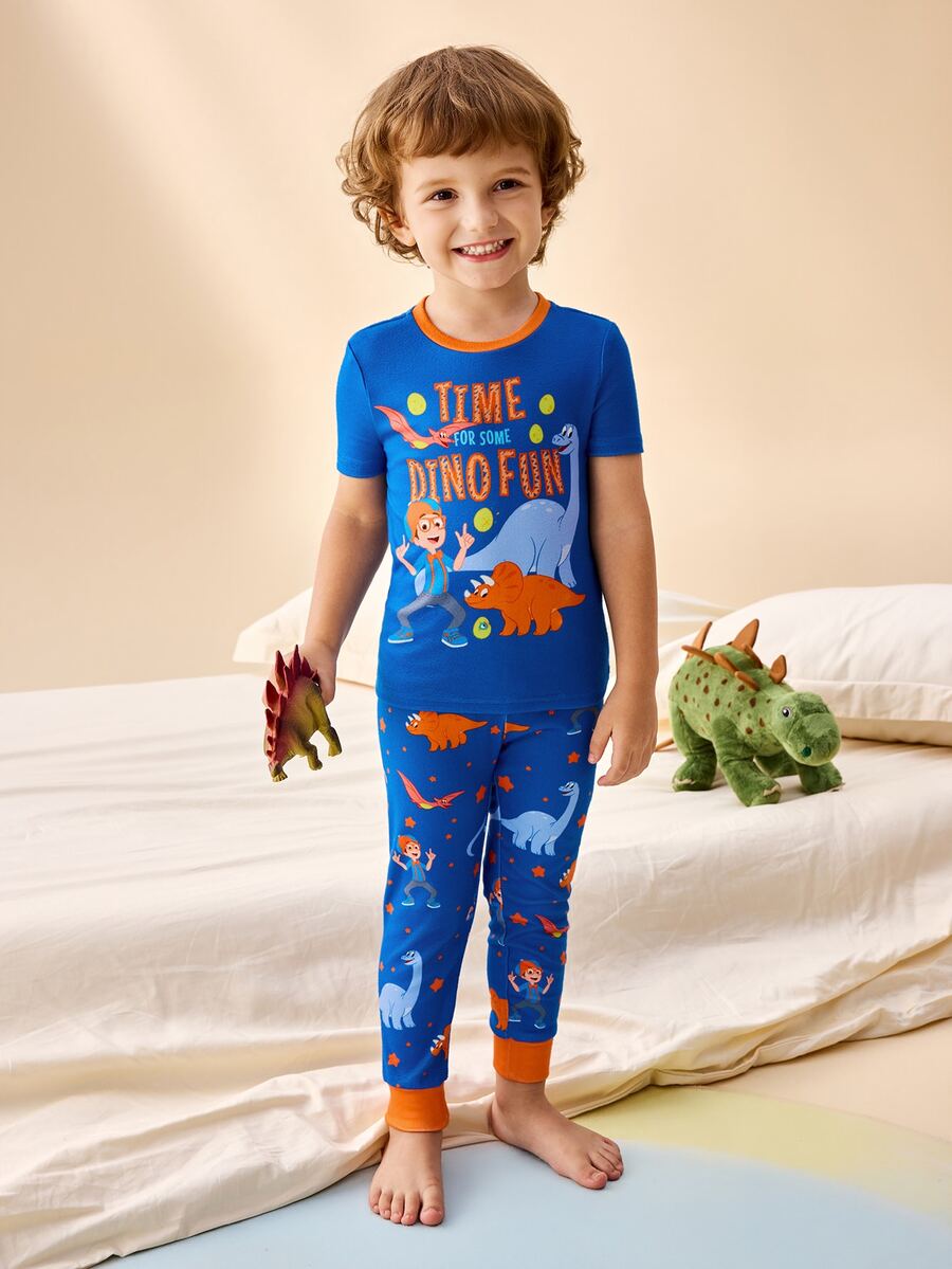 Blippi X SHEIN Young Boy Short Sleeve Top And Long Pants Loungewear Set - Blue - View 1
