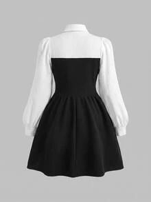 SHEIN 少女雙色燈籠袖二合一洋裝 - 黑與白 - 查看 2