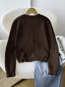 SHEIN 少女純色長袖單排扣休閒針織開襟衫 - 棕色 - 查看 2