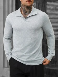 Manfinity CasualCool قميص بولو رجالي بأكمام طويلة بلون موحد - الأسود - مشاهدة 3