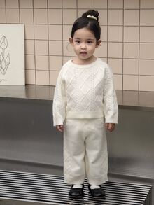DAZY Infant (Girl) Round Neck Solid Color Casual Long Sleeve Korean Style 2 Pieces Sweater Set - Khaki - View 4