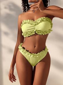 SHEIN Swim 女款夏季海灘荷葉邊設計綠色上衣與短褲泳裝套裝 - 鵝黃色 - 查看 1