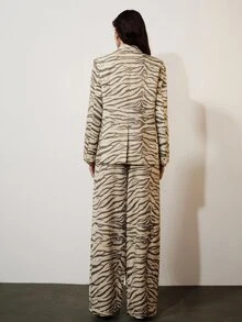 Aveloria Modichic Women's Early Autumn Stand Collar Asymmetrical Gradient Zebra Print Long Sleeve Blazer & Loose Curved Wide Leg Trousers Suit Set - Beige - View 3