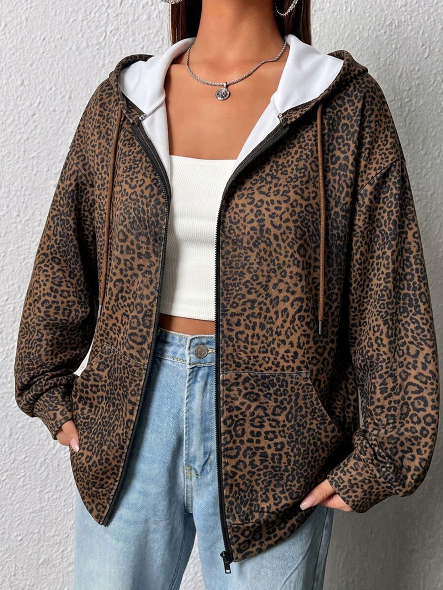 DAZY Plus Size Women's Leopard Print Casual Versatile Daily Wear Hooded Sweatshirt - Multicolor - View 1