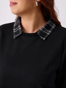 SHEIN EZwear 大尺碼休閒格紋拼接 2 合 1 運動衫與抽繩腰長褲 2 件套 - 黑與白 - 查看 9