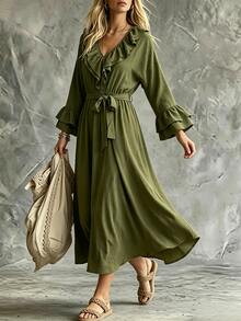 SHEIN Women's Solid Color Ruffle Collar Flare Sleeve Waist Tie Elegant Dress - Green - View 5