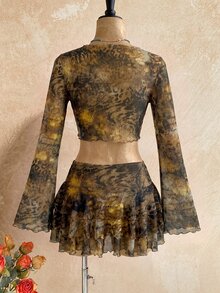 Soleia 女款性感兩件套，綁帶不對稱下擺上衣搭配豹紋荷葉邊迷你裙 - 棕色 - 查看 2