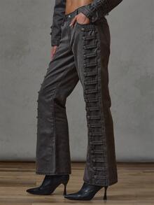 MUSERA Celana Jeans Denim Hitam Model Fitted Flare dengan Detail Militer untuk Musim Gugur dan Musim Dingin, Cocok untuk Sehari-hari, Kembali ke Sekolah, dan Aktivitas Militer lainnya. - Grey - View 1