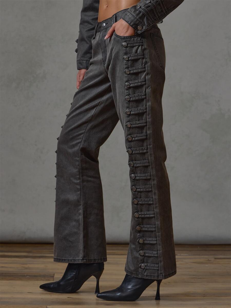 MUSERA Celana Jeans Denim Hitam Model Fitted Flare dengan Detail Militer untuk Musim Gugur dan Musim Dingin, Cocok untuk Sehari-hari, Kembali ke Sekolah, dan Aktivitas Militer lainnya. - Grey - View 1