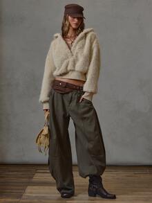 MUSERA Fluffy Faux Fur Fitted Waist Quarter Zip Neck Hoodie Fall Winter Everyday Causal Back To School Forces - Apricot - View 5