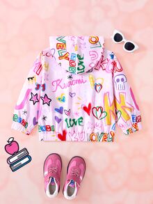 HELLO KITTY AND FRIENDS | SHEIN جاكيت هودي كاجوال يومي بطباعة كرتونية للبنات الصغيرات - وردي - مشاهدة 2