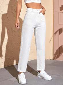 SHEIN PETITE Women's Casual Daily Denim Long Pants With Pockets And Buttons - White - View 5