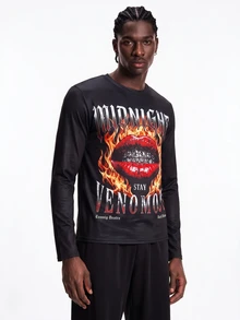 Rest Era Cartoon Print Round Neck Long Sleeve Long Pants Men's Loungewear Set - Black - View 4