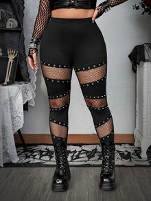 SHEIN CURVE+ Quần legging size lớn phong cách punk phối patchwork lưới đan rỗng khoét lỗ - màu đen - Xem 7