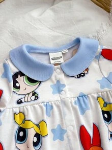 THE POWERPUFF GIRLS X SHEIN 女嬰卡通印花休閒日常穿著連身褲 - 藍色 - 查看 3