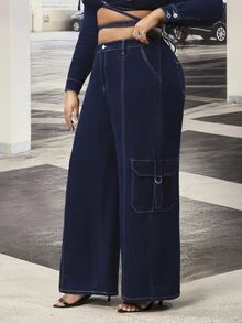 Slaydiva Plus Size Women's Pocket Button Stretch Denim Straight Leg Pants - Dark Wash - View 6