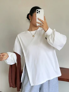 Dazy Plus 小圓領純色休閒百搭側開衩設計長袖白色春夏秋季T恤 - 白色 - 查看 5