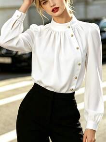 SHEIN Women's Gentle Vintage Court Style White Stand Collar Blouse With Diagonal Exquisite Metal Button Decor, Ruched Gathered Neckline, Puff Lantern Long Sleeves, Loose Flattering Fit, Elegant Versatile Shirt For Dating And Commuting - White - View 6