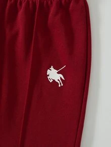 SHEIN 青少年女孩 2件/套休閒運動風酒紅色秋季返校套裝，長袖運動衫與寬鬆寬腿長褲 - 酒紅色 - 查看 9