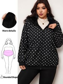 Enliva Plus Size Women's Polka Dot Hooded Jacket With Faux Fur Trim Zip Up Long Sleeve Outerwear For Fall Winter - Black - View 1