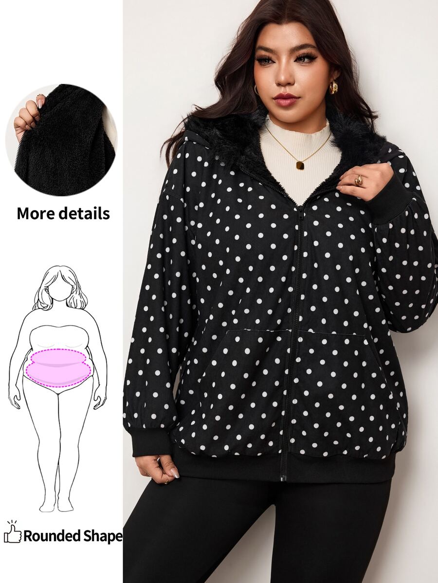 Enliva Plus Size Women's Polka Dot Hooded Jacket With Faux Fur Trim Zip Up Long Sleeve Outerwear For Fall Winter - Black - View 1