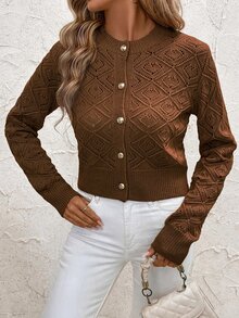 SHEIN Clasi كارديجان محبوك بأكمام طويلة وأزرار وتصميم مفرغ متعدد الاستخدامات للمقاسات الكبيرة - بني - مشاهدة 6