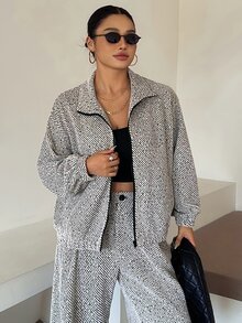Dazy Plus Plus Size Casual Street Textured Colorblock Zip-Up Jacket & Button Long Pants Vacation Two Pieces Set - Light Grey - View 7