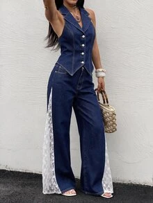 Sweetra Women's Single-Breasted Halter Neck Top And Long Pants Casual Everyday Denim Set - Blue - View 4