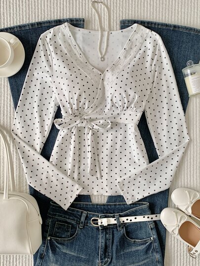Comfortcana Women's Korean Style Sweet Polka Dot Print Lace Patchwork Long Sleeve T-Shirt