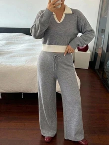 Dazy Plus Setelan Rajut Kasual dengan Sweater Pullover Pendek dan Celana Panjang Pas Badan Motif Patchwork Warna Kontras, Gaya Baru Musim Gugur/Dingin - Grey - View 7