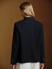 Anewsta Essential Women's Regular Fit Navy Blue Utility Blazer Jacket, Vintage Shoulder Epaulettes, Multi-Pockets, Metal Buttons, Cinched Waist, Commuter Jacket - Royal Blue - View 3