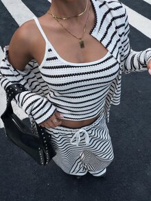Muchica 女款休閒街頭風黑白條紋針織新中式上衣、條紋夾克與長褲兩件套，適合夏季早午餐與旅行 - 黑與白 - 查看 5